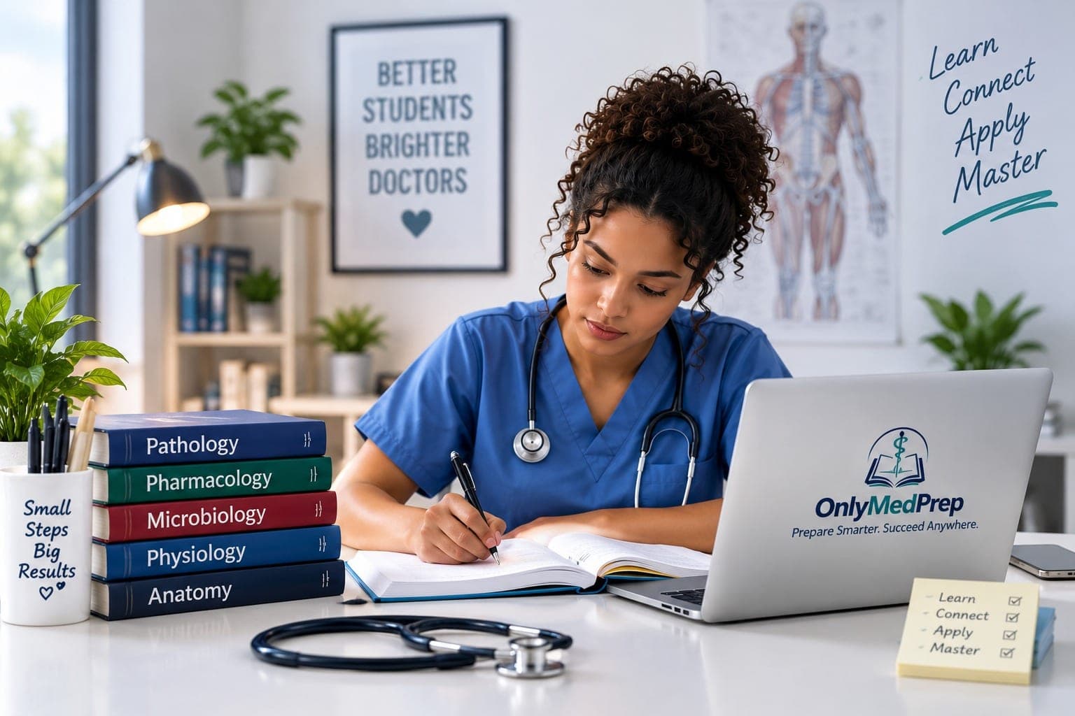 A medical student in scrubs studying, notes open beside OnlyMedPrep on a laptop